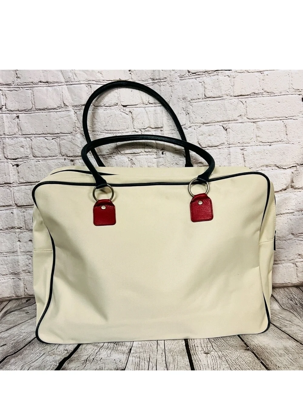 Estee Lauder Cream Duffel Weekender Vintage Bag Handles White, Red & Blue